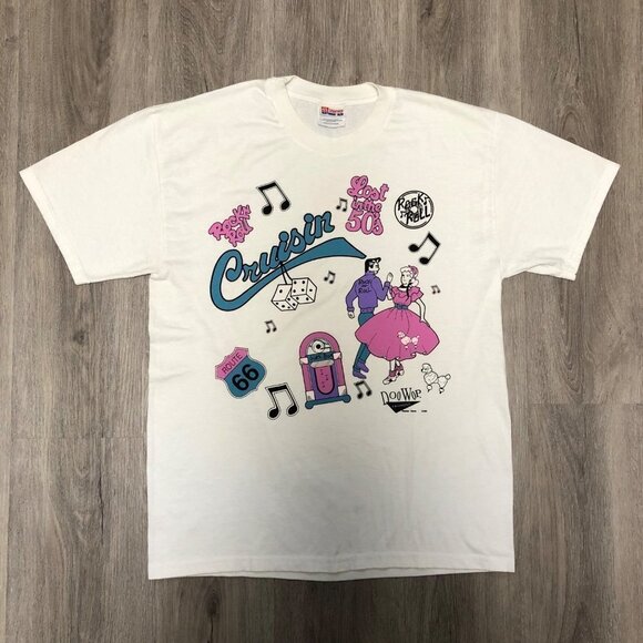 Vintage Size Medium 50s Sock Hop Doo Wop T Shirt Short Sleeve White Top Juke Box - Picture 1 of 10